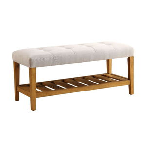 Simplistic lines pulling from the craftsman era and tapered legs to add some style, the Charla bench with button tufted full box seat can easily compliment any home styling Decor. The added width of the bottom slats serves as a function shelf. There are 4
