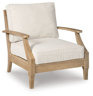 This outdoor lounge chair effortlessly pairs natural beauty with must-have durability. Its eucalyptus wood frame withstands the elements while making a high-style impression. And you can relax on the porch or poolside without the stress of added upkeepâ€”