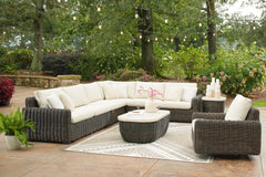 Add luxury, comfort and durability to alfresco fun. The Kimora outdoor furniture package captures the textural beauty of wicker while withstanding the elements, from rain to shine. With a UV-resistant design, the wonderfully low-maintenance Nuvella+â„¢ fa