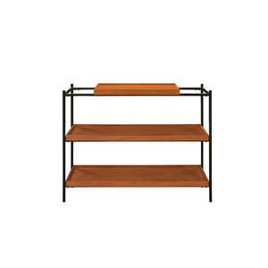 KD, Rectangular Sofa Table Storage: 2 Open Compartment (2 Wooden Shelves, Fixed) Wooden Top, Metal Open Frame with Straight Leg (Open Base) CONSTRUCTION] Wooden Top/Shelf: Veneer (Paper)+MDF T18mm (NO Apron) Metal Frame/Leg: Shiny Black Finish, Metal Roun