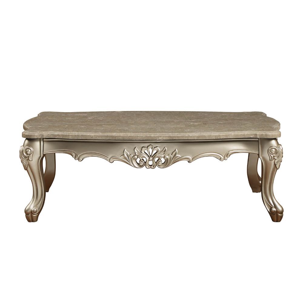 KD, Rectangular Leg Coffee Table â€¢ No Storage (Open Base) â€¢ Scalloped Marble Top: Spain Import Marble with MDF â€¢ Wooden Scalloped Apron with Carved Floral Motifs: Champagne Finish, Poplar Wood â€¢ Wooden Queen Anne Legs: Champagne Finish, Poplar Woo