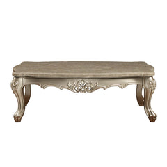 KD, Rectangular Leg Coffee Table â€¢ No Storage (Open Base) â€¢ Scalloped Marble Top: Spain Import Marble with MDF â€¢ Wooden Scalloped Apron with Carved Floral Motifs: Champagne Finish, Poplar Wood â€¢ Wooden Queen Anne Legs: Champagne Finish, Poplar Woo