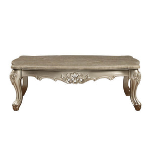 KD, Rectangular Leg Coffee Table â€¢ No Storage (Open Base) â€¢ Scalloped Marble Top: Spain Import Marble with MDF â€¢ Wooden Scalloped Apron with Carved Floral Motifs: Champagne Finish, Poplar Wood â€¢ Wooden Queen Anne Legs: Champagne Finish, Poplar Woo
