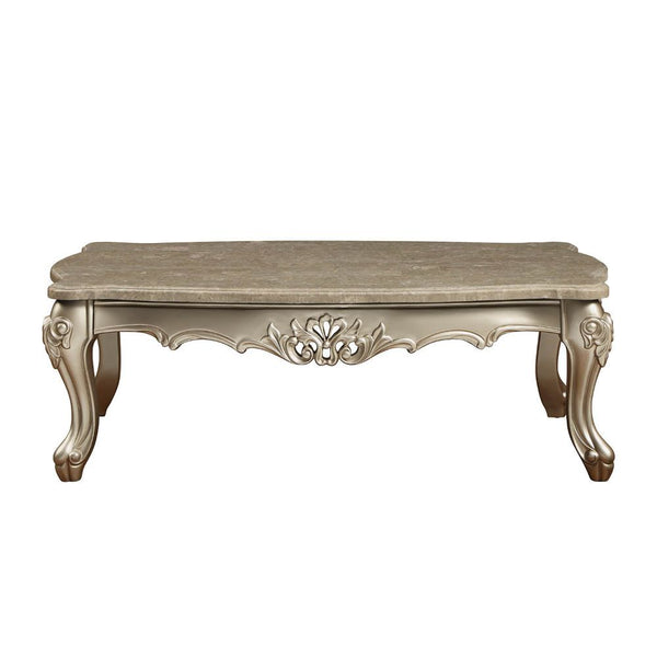 KD, Rectangular Leg Coffee Table â€¢ No Storage (Open Base) â€¢ Scalloped Marble Top: Spain Import Marble with MDF â€¢ Wooden Scalloped Apron with Carved Floral Motifs: Champagne Finish, Poplar Wood â€¢ Wooden Queen Anne Legs: Champagne Finish, Poplar Woo