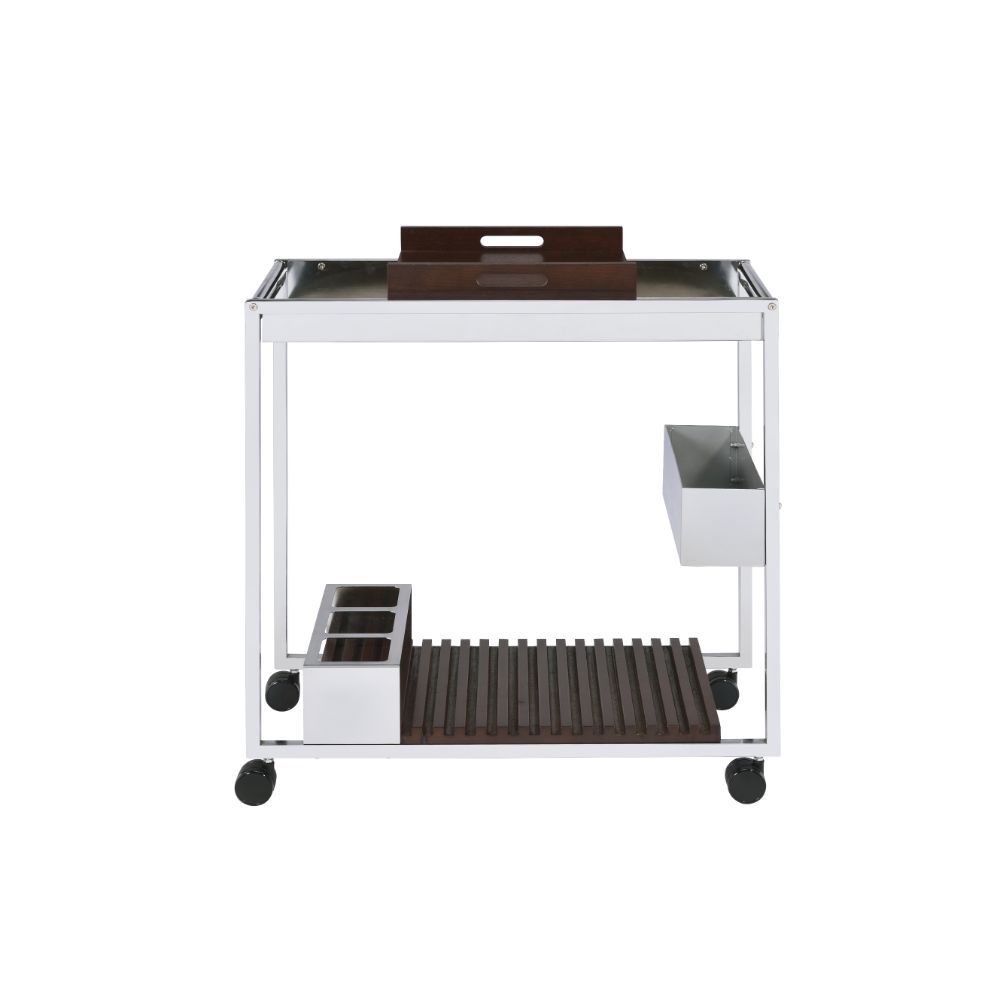 KD, Rectangular Serving Cart â€¢ Storage: 2 Open Compartments, Wine Bottle Rack, Stemware Floating Shelf (2 Shelves) â€¢ Removable Wooden Serving Tray â€¢ Wooden Top â€¢ Metal Open Frame with Caster Wheels â€¢â€¢ CONSTRUCTION] Wooden Tray/Shelves: Wood Ve