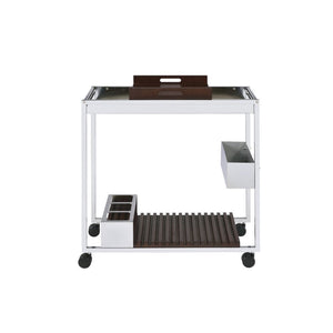 KD, Rectangular Serving Cart â€¢ Storage: 2 Open Compartments, Wine Bottle Rack, Stemware Floating Shelf (2 Shelves) â€¢ Removable Wooden Serving Tray â€¢ Wooden Top â€¢ Metal Open Frame with Caster Wheels â€¢â€¢ CONSTRUCTION] Wooden Tray/Shelves: Wood Ve