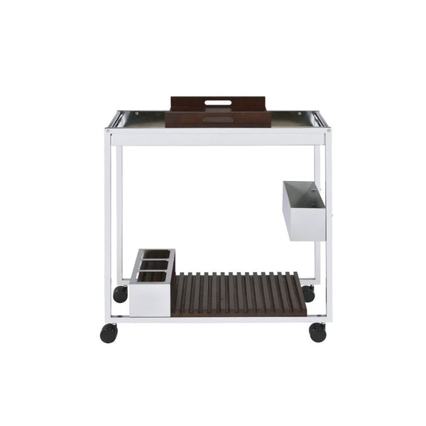 KD, Rectangular Serving Cart â€¢ Storage: 2 Open Compartments, Wine Bottle Rack, Stemware Floating Shelf (2 Shelves) â€¢ Removable Wooden Serving Tray â€¢ Wooden Top â€¢ Metal Open Frame with Caster Wheels â€¢â€¢ CONSTRUCTION] Wooden Tray/Shelves: Wood Ve