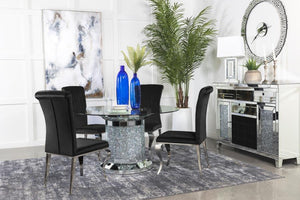  clear glass top reveals the scintillating column-inspired pedestal frame beneath