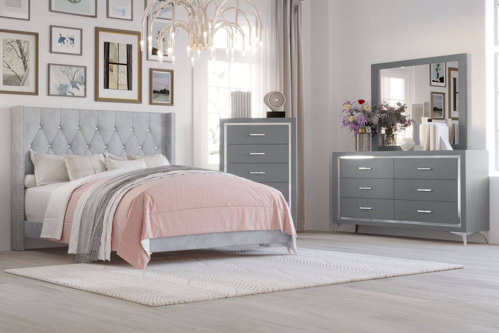 The Huxley 4-Piece Bedroom Set in Gray offers a perfect blend of contemporary glam and durable craftsmanship for a stylish and functional bedroom. This set includes an upholstered bed with headboard, footboard, two side rails, and slat kit, along with a 6