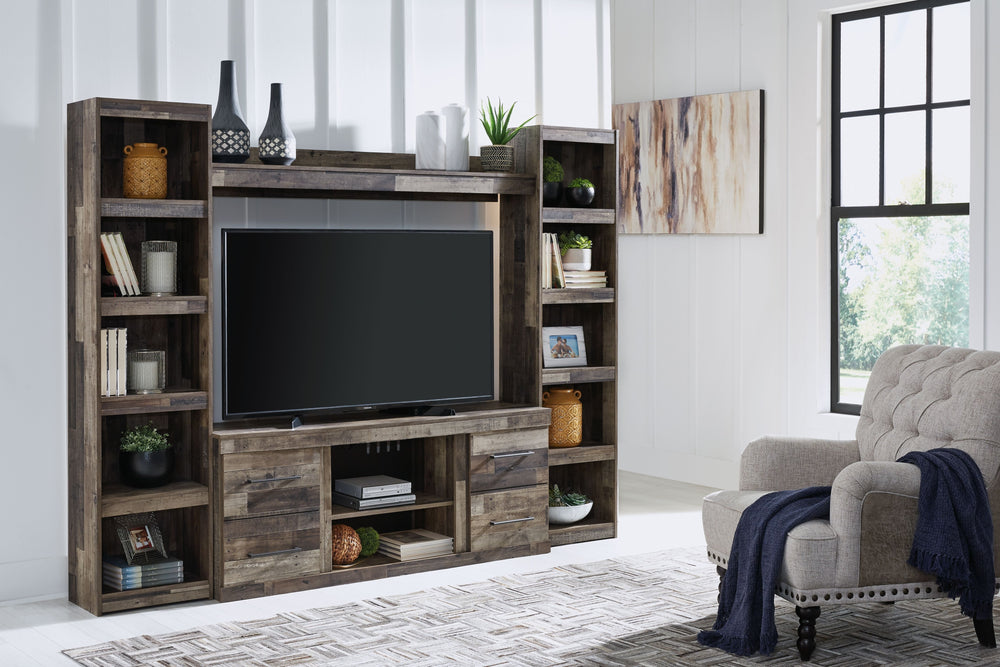 Make this entertainment center the center of attention with its popular urban eclectic style. Its rustic finish over a replicated pine grain creates an authentic natural look for your home entertainment area. You-'ll love its functionality. Two tall piers