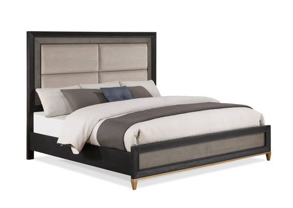 This bedroom ensemble exudes a sleek, contemporary charm with a hint of mid-century flair, perfect for creating a tranquil yet stylish retreat. The centerpiece, a bed with an upholstered headboard, is framed with a contrasting dark trim, offering a plush 