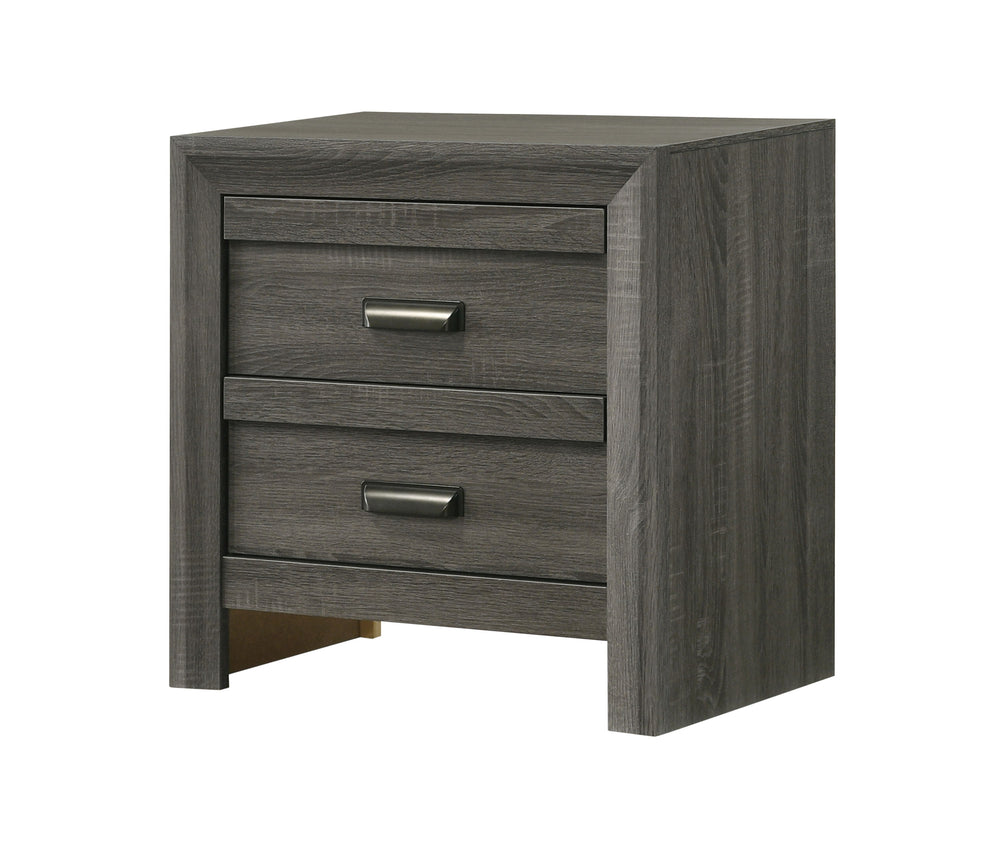 This bedroom collection encapsulates a blend of contemporary design and rustic charm. The centerpiece, a bed with a distinguished chevron patterned headboard, evokes a sense of craftsmanship and texture, infusing the space with character. Flanking the bed
