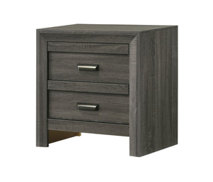 This bedroom collection encapsulates a blend of contemporary design and rustic charm. The centerpiece, a bed with a distinguished chevron patterned headboard, evokes a sense of craftsmanship and texture, infusing the space with character. Flanking the bed
