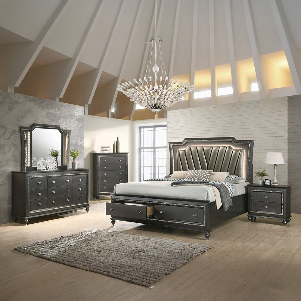 The Kaitlyn nightstand provides a commanding presence in any room. Crafted with a transitional look that is an ideal addition to any bedroom, the nightstand is accented with textured front and a crystal-like sparkling trim. Its crystal-like trimming creat