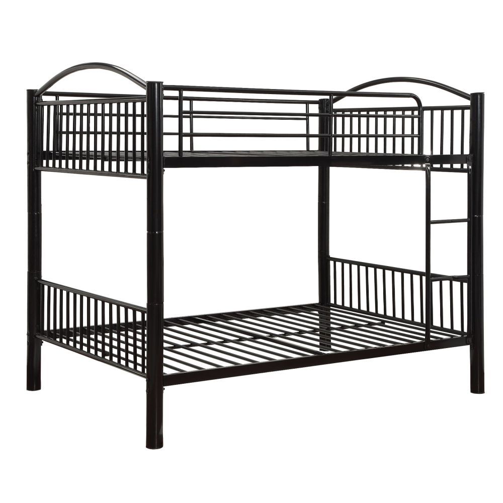 The Cayelynn full over full bunk bed is a great way to free up space in a kids bedroom. It is a round metal tube design and features a built in ladder to the upper twin bed that also has a guardrail. This bed is available in black and silver.<br/><br/><b>