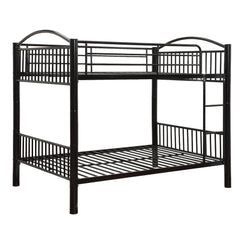 The Cayelynn full over full bunk bed is a great way to free up space in a kids bedroom. It is a round metal tube design and features a built in ladder to the upper twin bed that also has a guardrail. This bed is available in black and silver.<br/><br/><b>