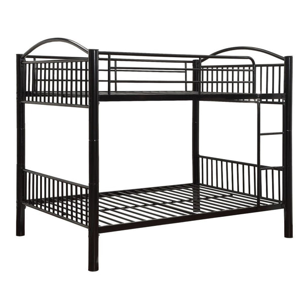 The Cayelynn full over full bunk bed is a great way to free up space in a kids bedroom. It is a round metal tube design and features a built in ladder to the upper twin bed that also has a guardrail. This bed is available in black and silver.<br/><br/><b>