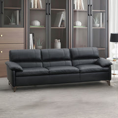 The Eilene sofa offers a luxurious blend of style and comfort with its black top grain leather upholstery. Full foam cushioning and a wooden inner frame provide robust support. Complemented by sleek aluminum legs, this sofa promises durability and modern 
