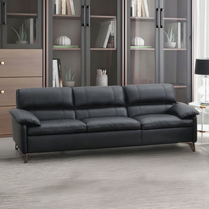 The Eilene sofa offers a luxurious blend of style and comfort with its black top grain leather upholstery. Full foam cushioning and a wooden inner frame provide robust support. Complemented by sleek aluminum legs, this sofa promises durability and modern 