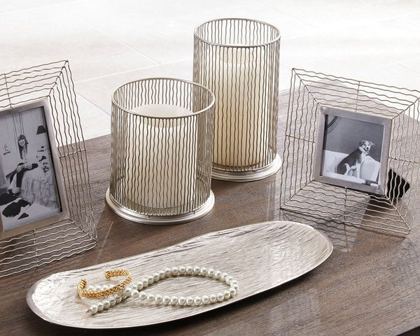  the wavy metal frames and hurricane candle holders beautifully go with the flow. Organic shaped tray is a natural complement.<br><br><b>Additional Dimensions</b