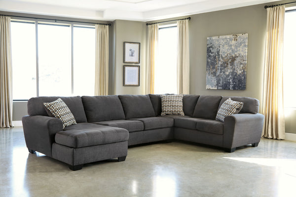 When it comes to incorporating a relaxed sensibility into your home that-'s beautifully on trend, this sectional in slate gray makes it look effortless. With its gently weathered hue and plush feel, the rich upholstery is simply a dream. Grid pattern stit
