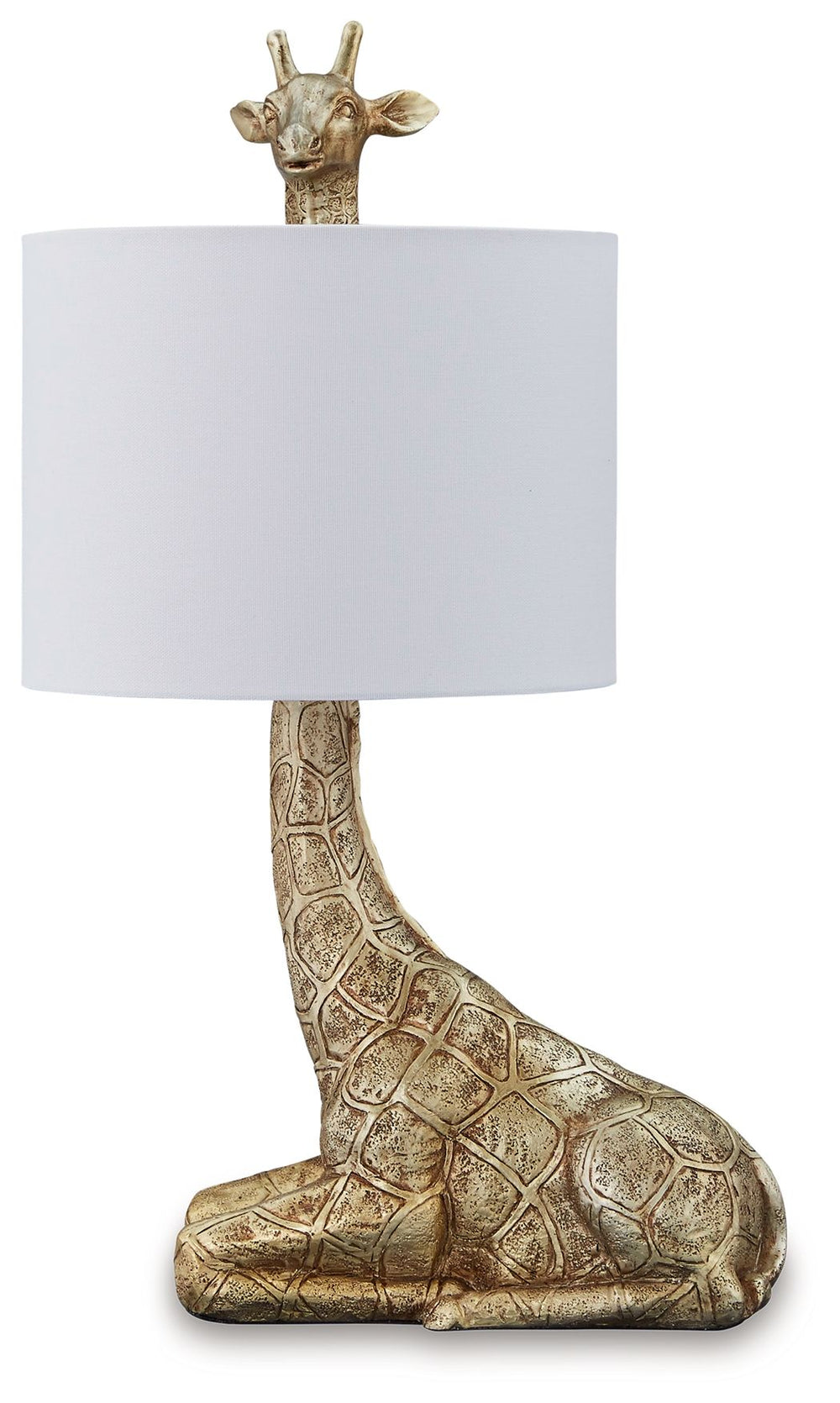 This giraffe lamp combines contemporary style with eclectic charm. The curious animal peeks out over the top of the shade, adding a playful touch to the safari-inspired vibe. For glam appeal, a goldtone finish completes the look.<br><br><b>Additional Dime