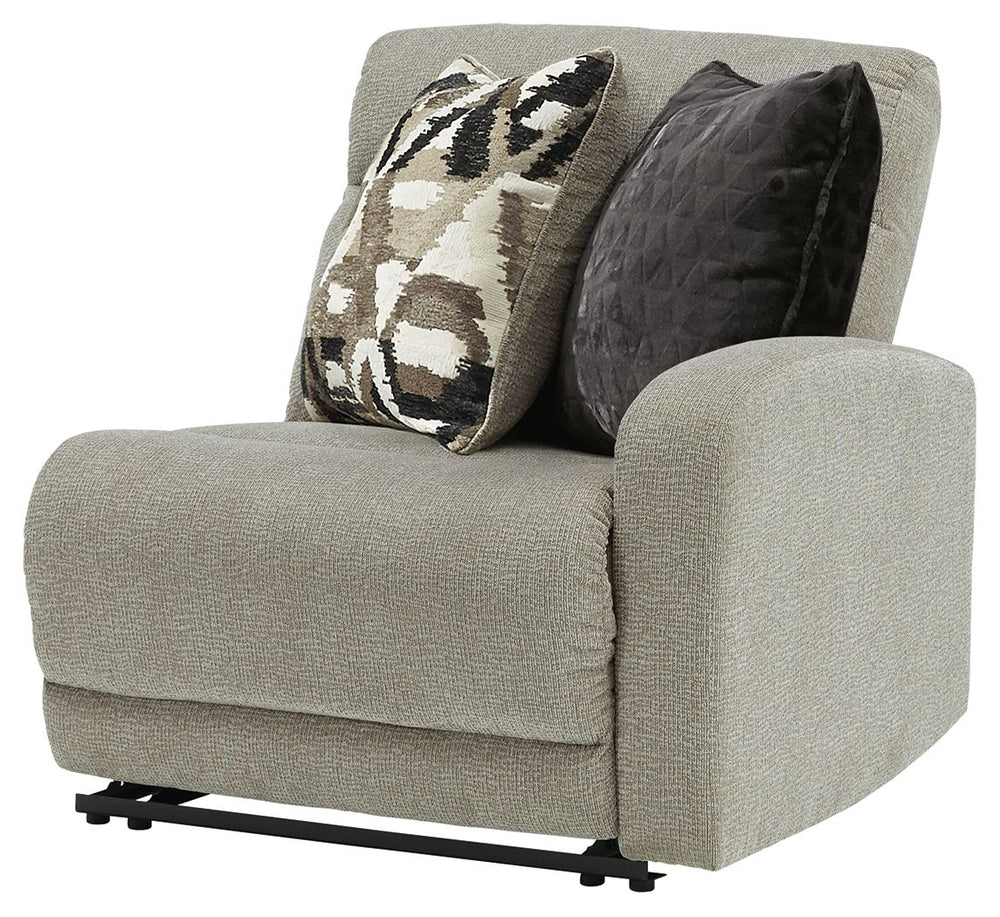This right-arm facing power recliner is made with polyester upholstery. Pairs with other items in the series to make a sectional.<br><br><b>Additional Dimensions</b><br><ul><li>Distance between recliner and wall: 3-"</li><li>Fully reclined length: 65-"</l