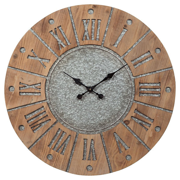 This wall clock is on time with industrial farmhouse style. Natural wood pairs beautifully with galvanized metal to create its large Roman numerals and sun design. The clockâ€™s ample scale makes it a gorgeous focal piece for your wall.<br/><br/><b>Produc