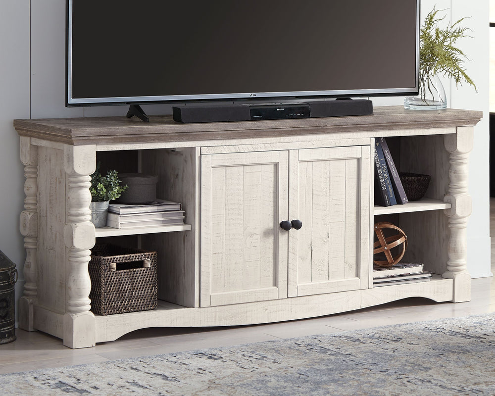Set your sights on modern farmhouse style with this XL TV stand. Distressed two-tone treatment blends a weathered gray with vintage white for an utterly charming effect. Turned posts lend a hearty, substantial look that feels right at home, while plenty o