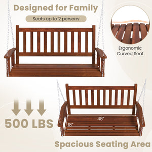 Premium solid wood material for superior durability and stability <br>Seats up to 2 persons and holds up to 500 lbs <br>Long metal chains and sturdy S-shaped hooks for safe swinging <br>Inclined backrest  curved seat and cozy armrests add comfort <br>Slat