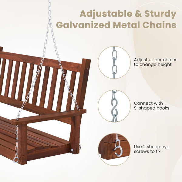 Premium solid wood material for superior durability and stability <br>Seats up to 2 persons and holds up to 500 lbs <br>Long metal chains and sturdy S-shaped hooks for safe swinging <br>Inclined backrest  curved seat and cozy armrests add comfort <br>Slat