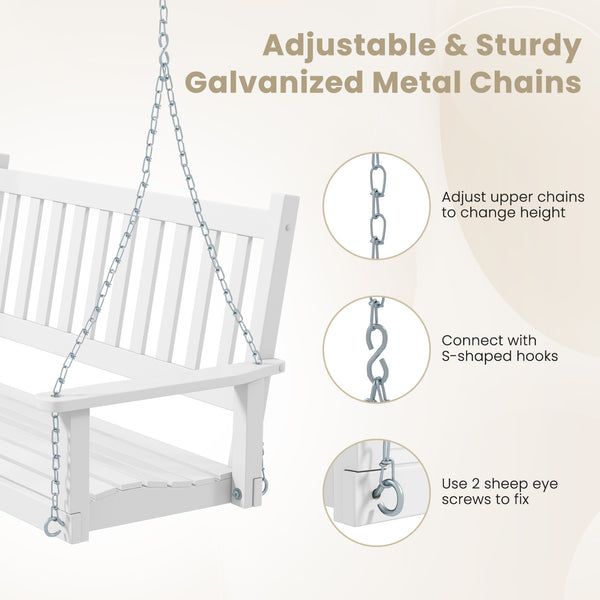 Premium solid wood material for superior durability and stability <br>Seats up to 2 persons and holds up to 500 lbs <br>Long metal chains and sturdy S-shaped hooks for safe swinging <br>Inclined backrest  curved seat and cozy armrests add comfort <br>Slat