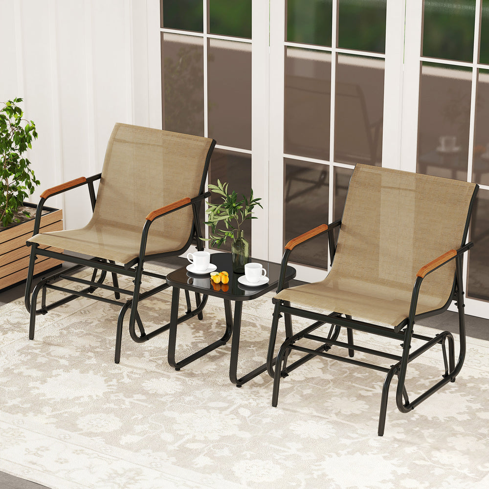 Smooth gliding system allows you to enjoy your leisure time<br>Premium seat fabric is breathable  quick-drying  and wear-resistant<br>Ergonomic back and seat for superior comfort<br>Teak wood armrests add a touch of natural beauty<br>Robust metal frame wi