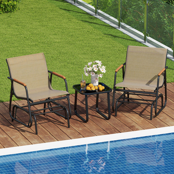 Smooth gliding system allows you to enjoy your leisure time<br>Premium seat fabric is breathable  quick-drying  and wear-resistant<br>Ergonomic back and seat for superior comfort<br>Teak wood armrests add a touch of natural beauty<br>Robust metal frame wi