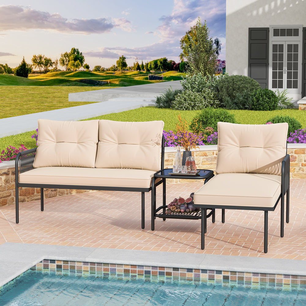 Well-woven PE rattan provides long-lasting durability<br>Sponge-filled back and seat cushions for unparalleled comfort<br>Easy to clean with removable and machine washable cushion covers<br>Tempered glass top table with an extra storage shelf for convenie
