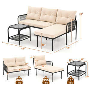 Well-woven PE rattan provides long-lasting durability<br>Sponge-filled back and seat cushions for unparalleled comfort<br>Easy to clean with removable and machine washable cushion covers<br>Tempered glass top table with an extra storage shelf for convenie