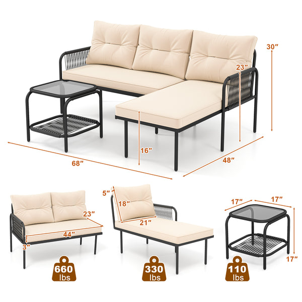 Well-woven PE rattan provides long-lasting durability<br>Sponge-filled back and seat cushions for unparalleled comfort<br>Easy to clean with removable and machine washable cushion covers<br>Tempered glass top table with an extra storage shelf for convenie
