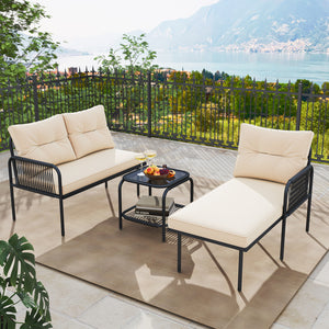 Well-woven PE rattan provides long-lasting durability<br>Sponge-filled back and seat cushions for unparalleled comfort<br>Easy to clean with removable and machine washable cushion covers<br>Tempered glass top table with an extra storage shelf for convenie