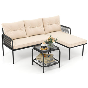Well-woven PE rattan provides long-lasting durability<br>Sponge-filled back and seat cushions for unparalleled comfort<br>Easy to clean with removable and machine washable cushion covers<br>Tempered glass top table with an extra storage shelf for convenie