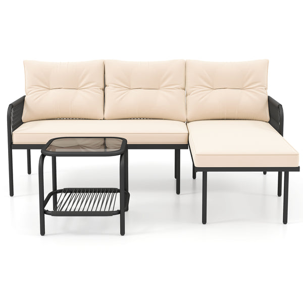 Well-woven PE rattan provides long-lasting durability<br>Sponge-filled back and seat cushions for unparalleled comfort<br>Easy to clean with removable and machine washable cushion covers<br>Tempered glass top table with an extra storage shelf for convenie