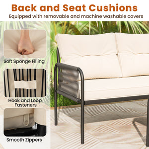 Well-woven PE rattan provides long-lasting durability<br>Sponge-filled back and seat cushions for unparalleled comfort<br>Easy to clean with removable and machine washable cushion covers<br>Tempered glass top table with an extra storage shelf for convenie
