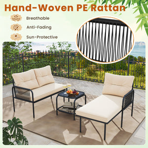Well-woven PE rattan provides long-lasting durability<br>Sponge-filled back and seat cushions for unparalleled comfort<br>Easy to clean with removable and machine washable cushion covers<br>Tempered glass top table with an extra storage shelf for convenie