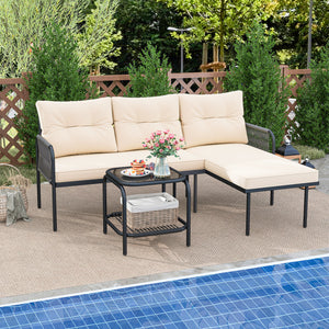 Well-woven PE rattan provides long-lasting durability<br>Sponge-filled back and seat cushions for unparalleled comfort<br>Easy to clean with removable and machine washable cushion covers<br>Tempered glass top table with an extra storage shelf for convenie