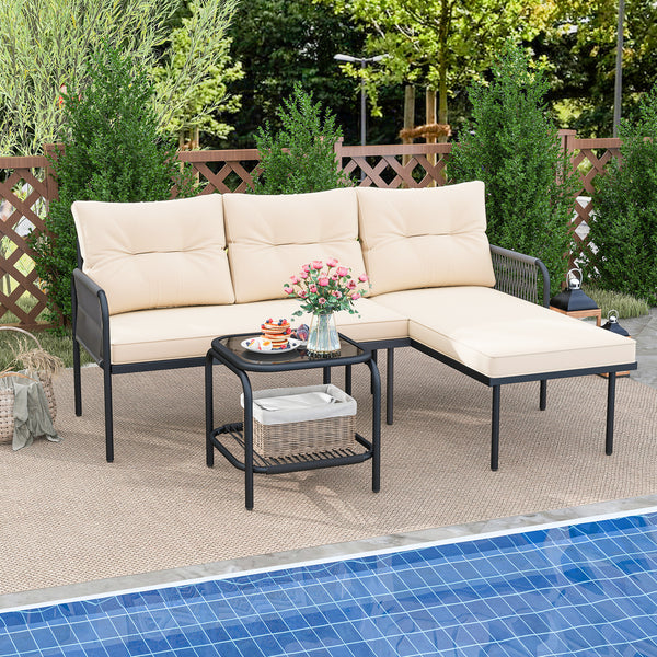 Well-woven PE rattan provides long-lasting durability<br>Sponge-filled back and seat cushions for unparalleled comfort<br>Easy to clean with removable and machine washable cushion covers<br>Tempered glass top table with an extra storage shelf for convenie