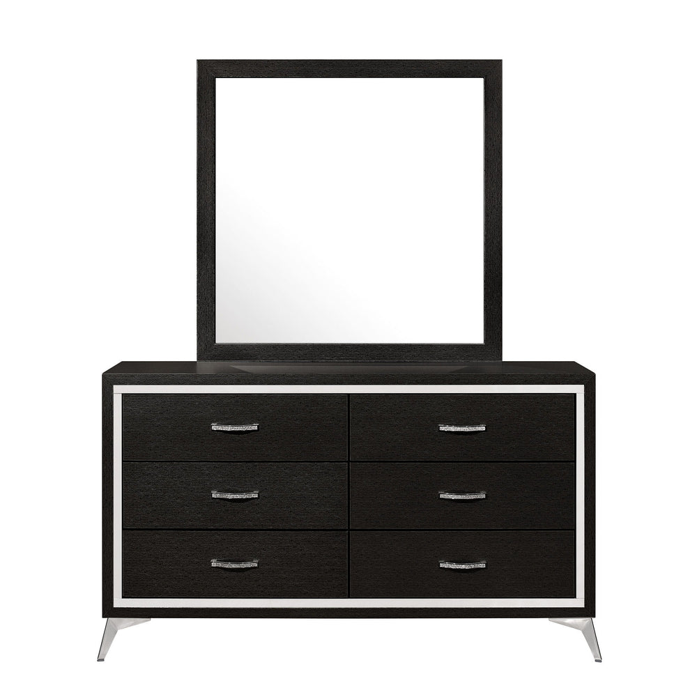 The Huxley 6-Drawer Dresser in Black offers a perfect blend of contemporary glam and durable craftsmanship for your bedroom. This dresser is meticulously crafted from manufactured woods and eco-friendly decorative laminate, ensuring it will last for years