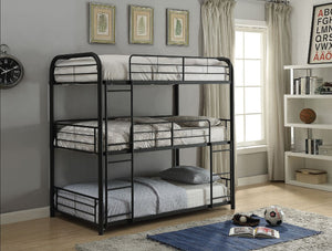 The ultimate space saver for small rooms, the Cairo triple metal bunk bed will be the best additional for your sweet home. Stacking three beds securely, the easy access guardrails keep your kids snug and secure, while the two built-in ladders offer easy a