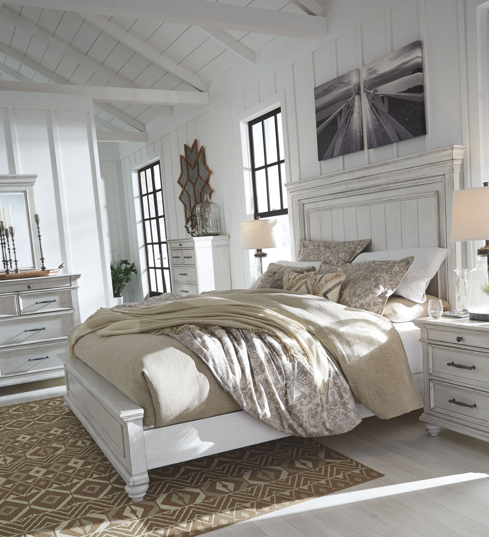 Made with veneers and select hardwood solids in a distressed whitewashed finish. Design features updated traditional styling with generously scaled moulding details. Dresser features 7 full sized drawers with 2 small scaled accessory drawers. Ball bearing