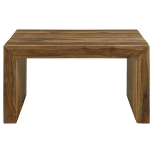  the table boasts an auburn finish that enhances its unique grain patterns. The U-shaped modern silhouette with m