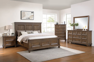 The Mariana 5-Piece Wood Bedroom Set in Vintage Mocha offers a luxurious combination of timeless craftsmanship, functional design, and rustic elegance. Including a panel bed, dresser, mirror, nightstand, and chest, the set is expertly constructed from sol