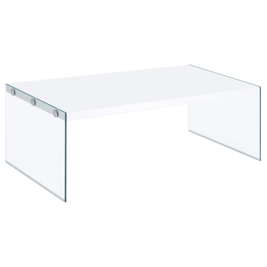 Elevate your living room with this ultra-modern rectangular coffee table, designed to blend sleek aesthetics with functionality. The engineered wood top showcases a white high-gloss finish, delivering a clean, contemporary vibe. Clear tempered glass side 